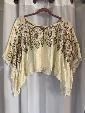 Free People Embroidered Boho Crop Top Fairy Sleeve Poncho XS